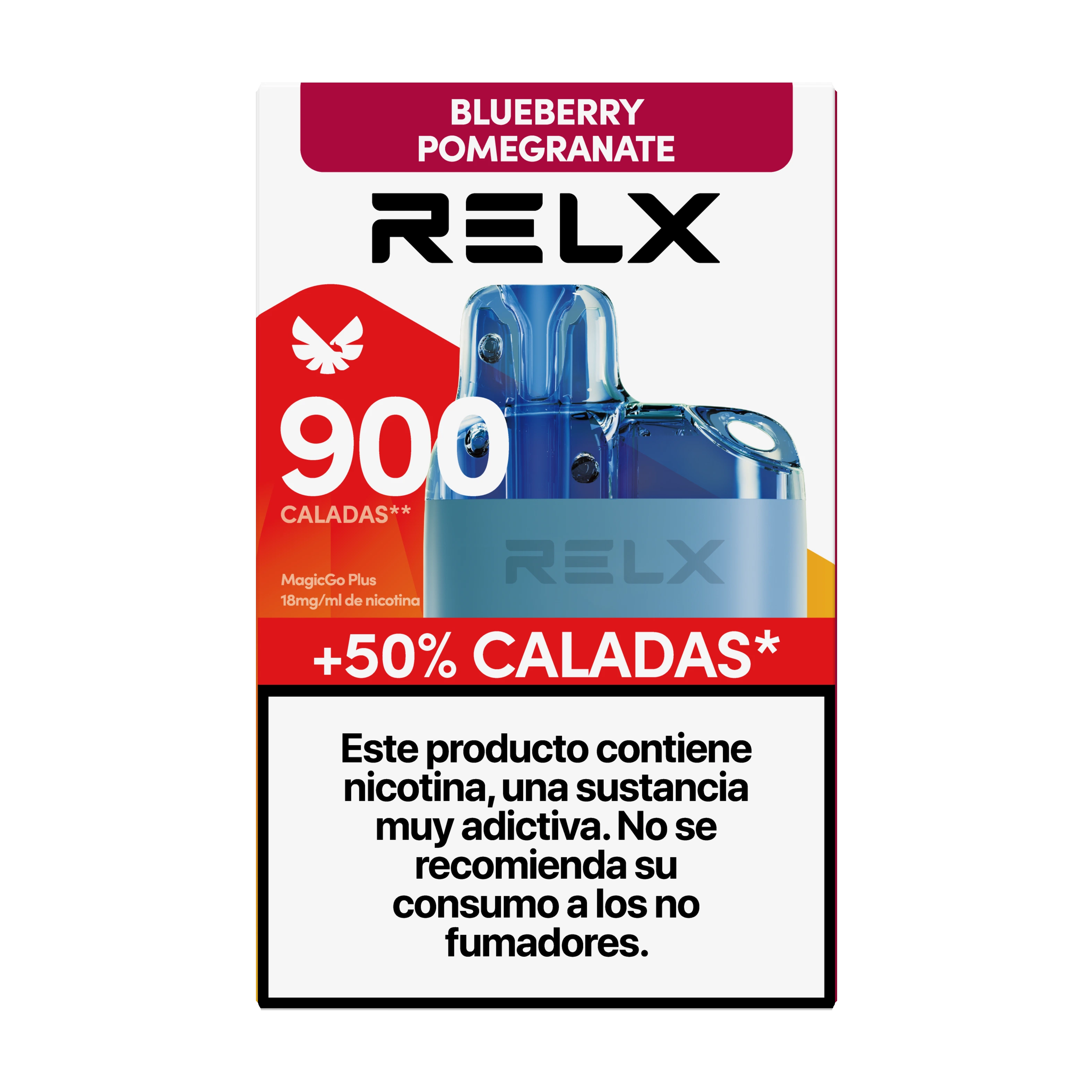Caja RELX MagicGo Plus Blueberry Pomegranate con dispositivo azul, indicación de 900 caladas y advertencia sobre la adicción a la nicotina.