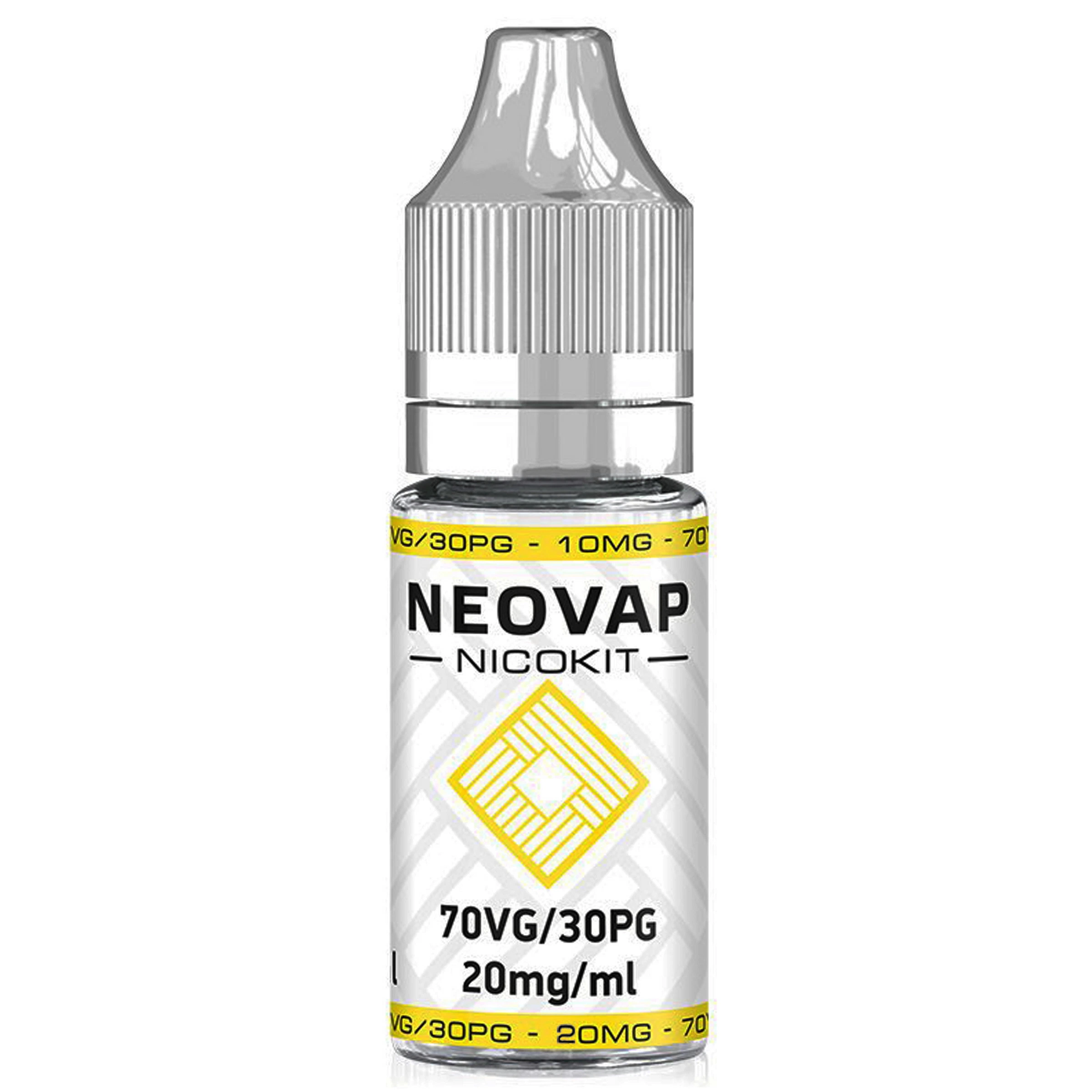 Frasco Neovap Nicokit con tapón gris y etiqueta blanca y amarilla que muestra 70VG/30PG y 20 mg/ml en la parte central.