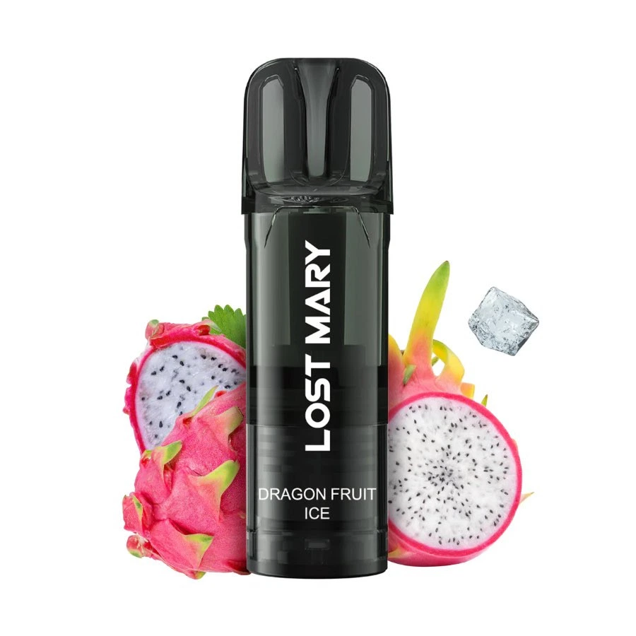 Dispositivo negro Lost Mary con el texto Dragon Fruit Ice, delante de pitayas enteras y cortadas, con un cubito de hielo al lado.