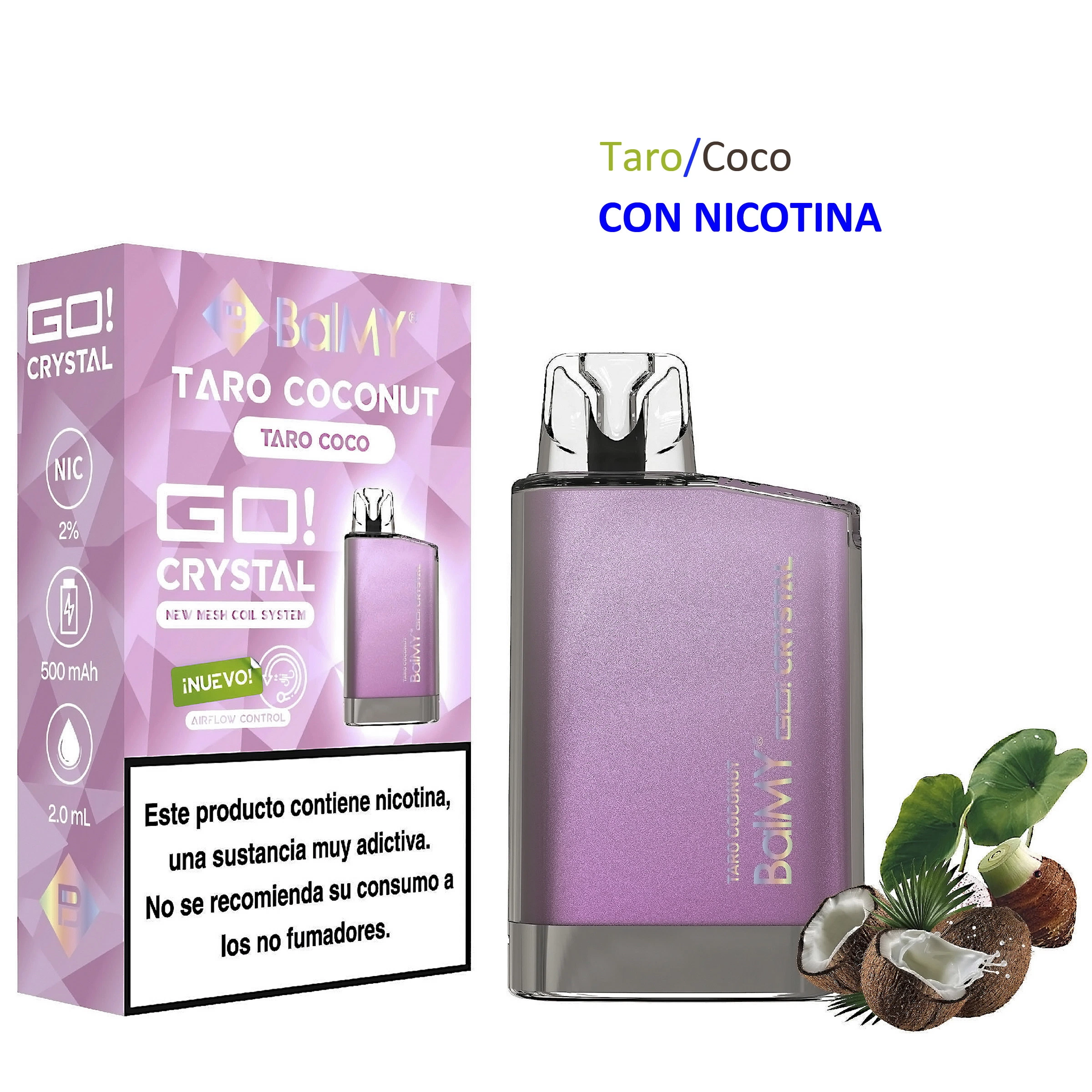 Vaper BALMY GO CRYSTAL Taro Coconut morado junto a su caja, con boquilla transparente, cocos decorativos y aviso de nicotina.