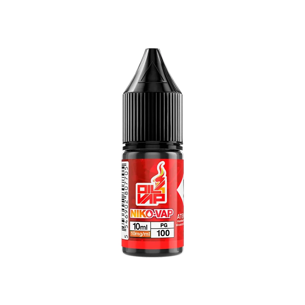 Frasco NikoVap de Oil4vap con tapón negro y etiqueta roja que indica 10 ml, 10 mg/ml y PG 100, sobre fondo blanco.