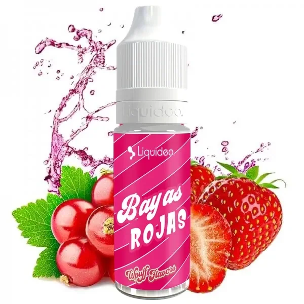 Frasco Bayas Rojas Wpuff Flavors de Liquideo, con tapón blanco y etiqueta rosa, rodeado de fresas, bayas rojas y salpicaduras rosadas.