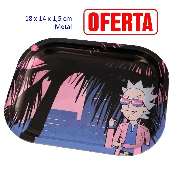 Bandeja para liar de 18 × 14 cm con bordes elevados y diseño de playa con palmeras y personaje de pelo puntiagudo con gafas de sol.