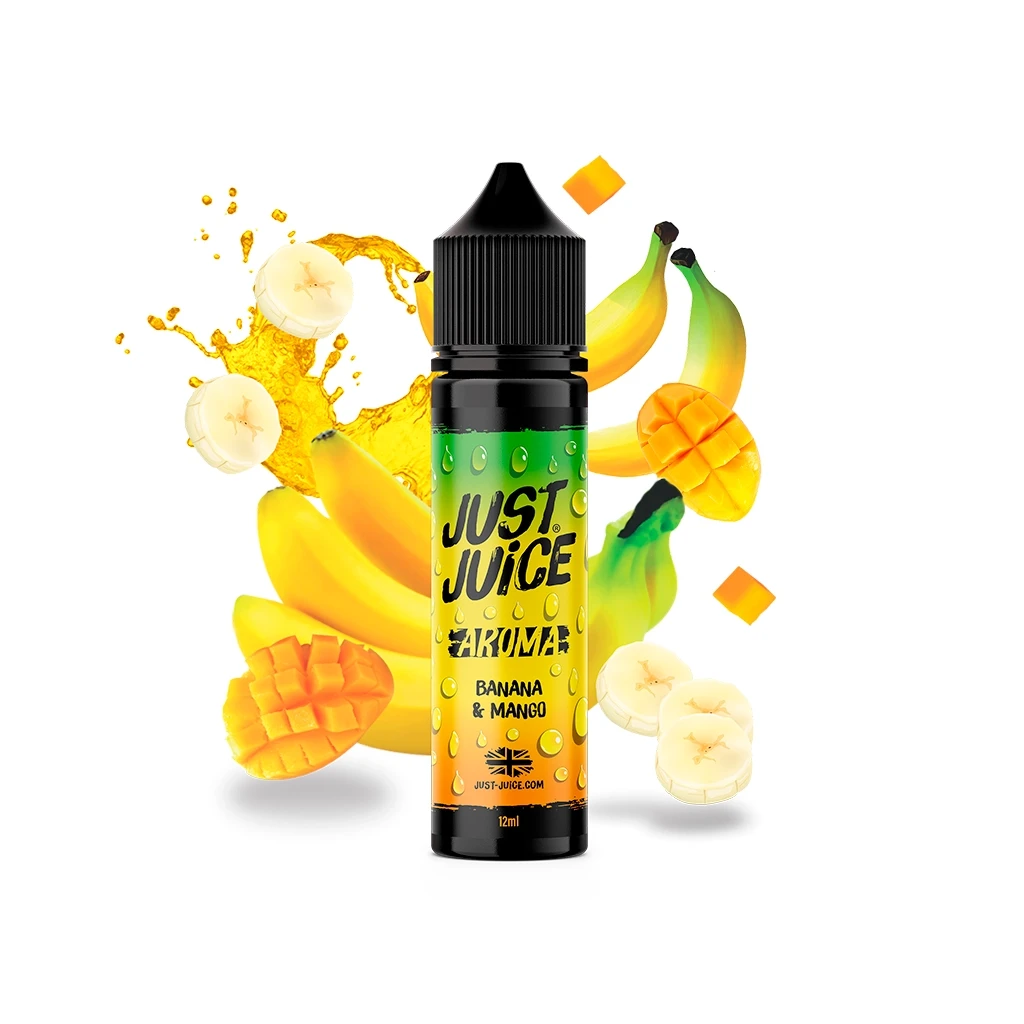 Frasco Just Juice Banana & Mango de 12 ml con tapón negro, rodeado de plátanos, trozos de mango y una salpicadura amarilla.