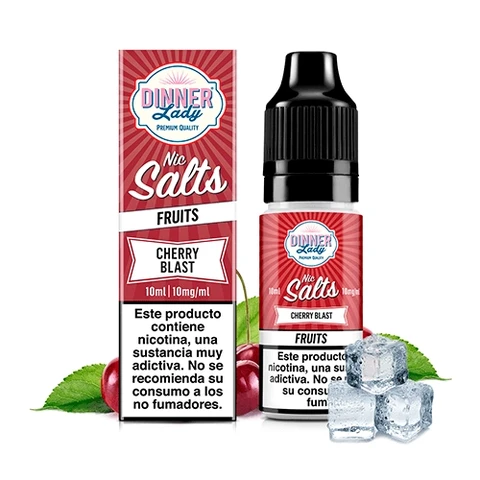 Frasco y caja rojos de Dinner Lady Cherry Blast Nic Salt, con cerezas, hojas verdes y cubitos de hielo sobre fondo blanco.