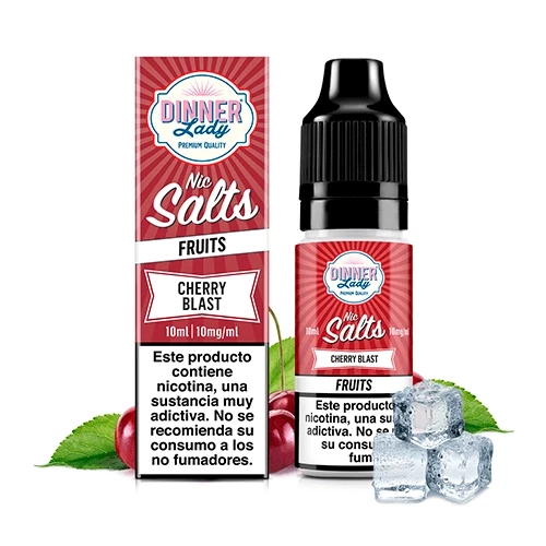 Frasco y caja rojos de Dinner Lady Cherry Blast Nic Salt, con cerezas, hojas verdes y cubitos de hielo sobre fondo blanco.