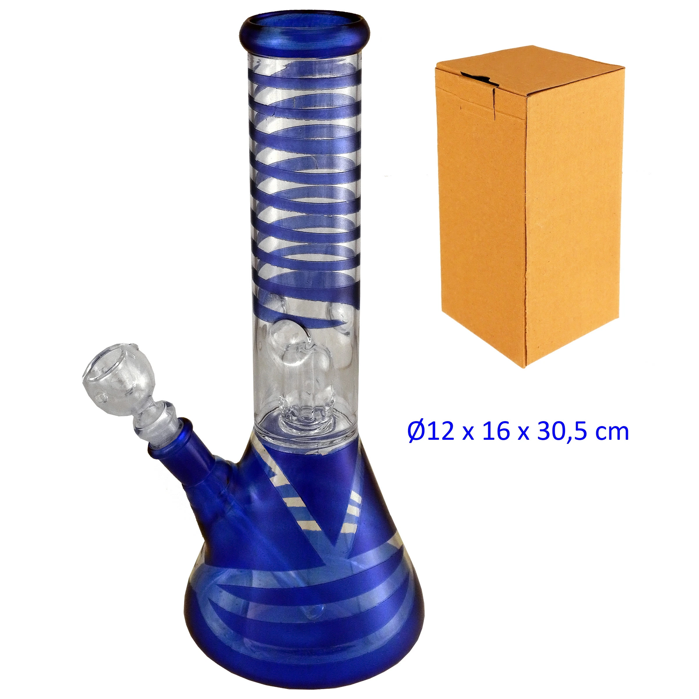 Bong de cristal azul con franjas transparentes en espiral, base ancha y cazoleta lateral, junto a una caja de cartón.