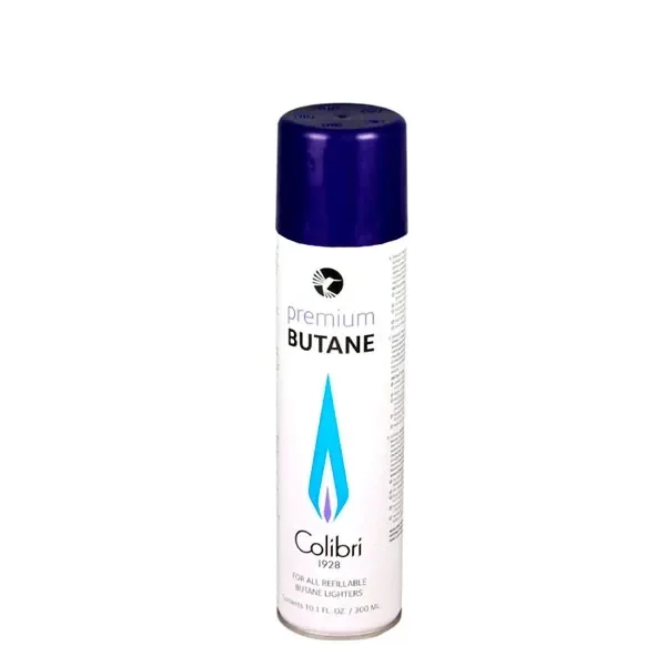 Bote de gas Colibri de 300 ml, con cuerpo blanco, tapón azul oscuro y una llama azul junto al texto «Premium Butane».