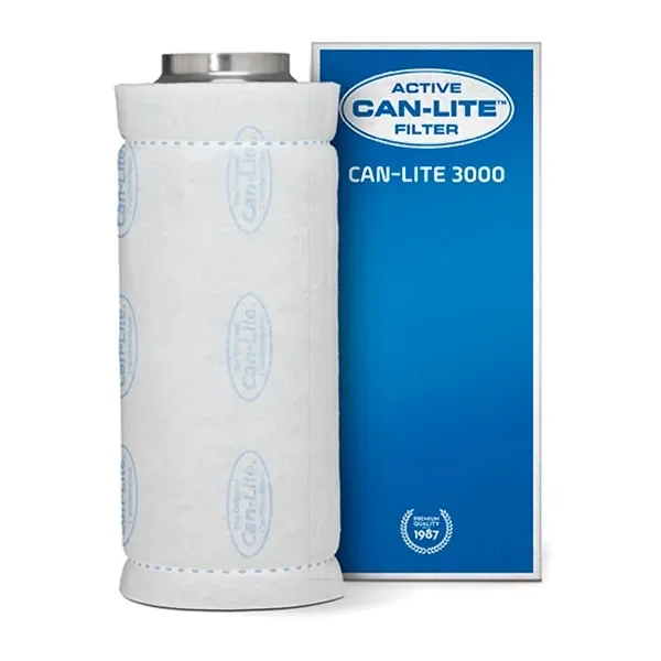 Filtro cilíndrico Can-Lite con funda blanca y boca metálica superior, junto a una caja azul rotulada «Can-Lite 3000».