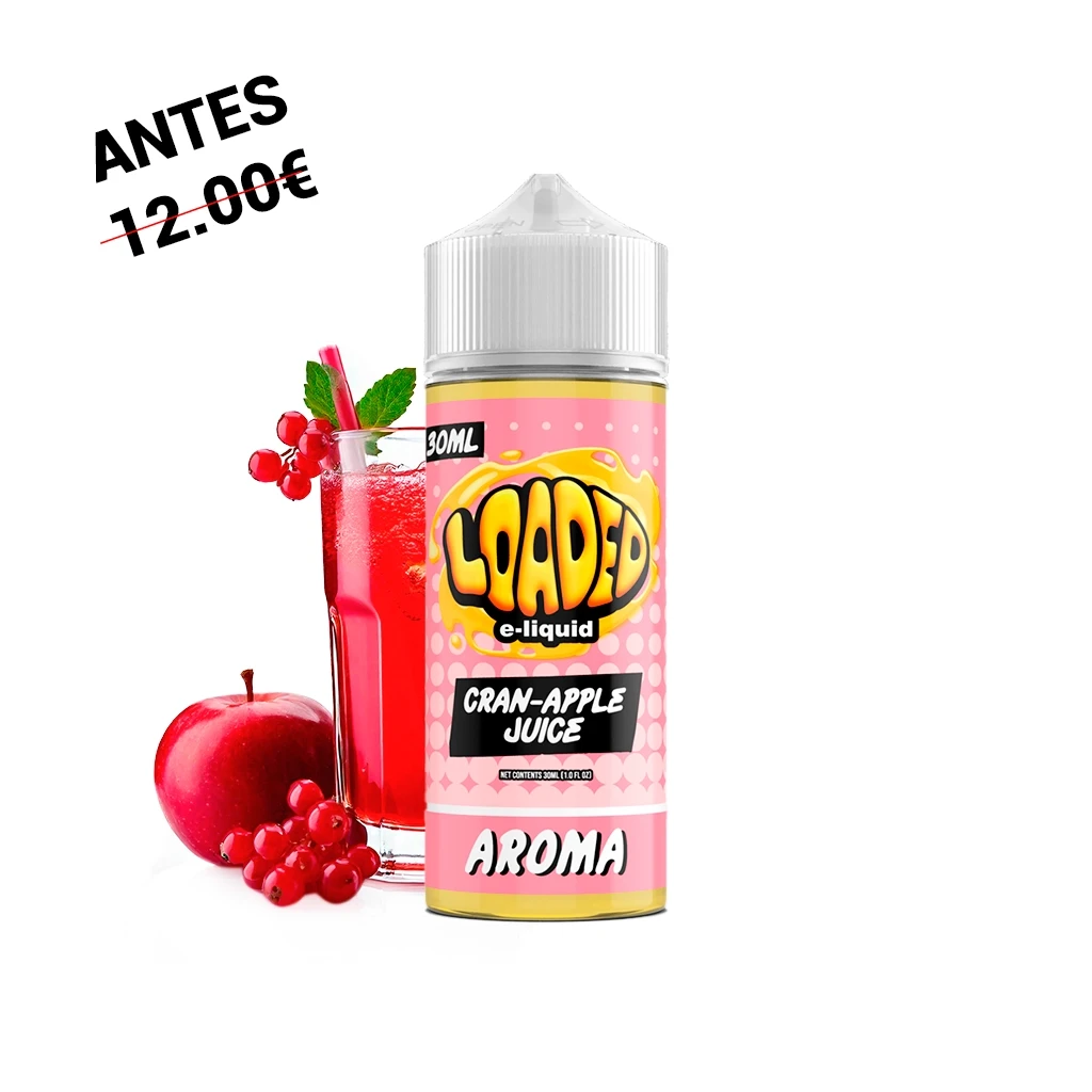 Botella de Loaded Cran Apple Juice de 30 ml con etiqueta rosa, junto a una manzana roja, frutos rojos y un vaso de bebida roja.