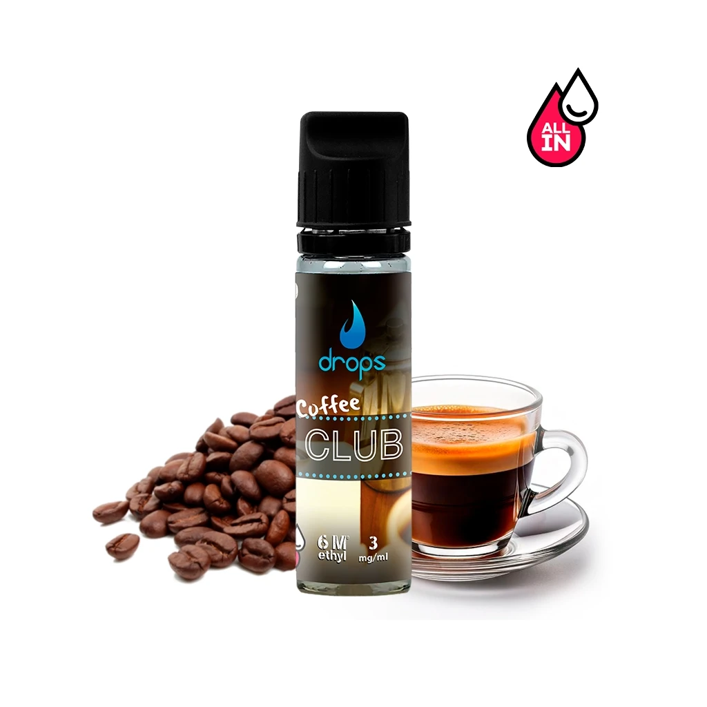 Botella de Drops Coffee Club con tapón negro y etiqueta de 3 mg/ml, junto a granos de café y una taza transparente de café.