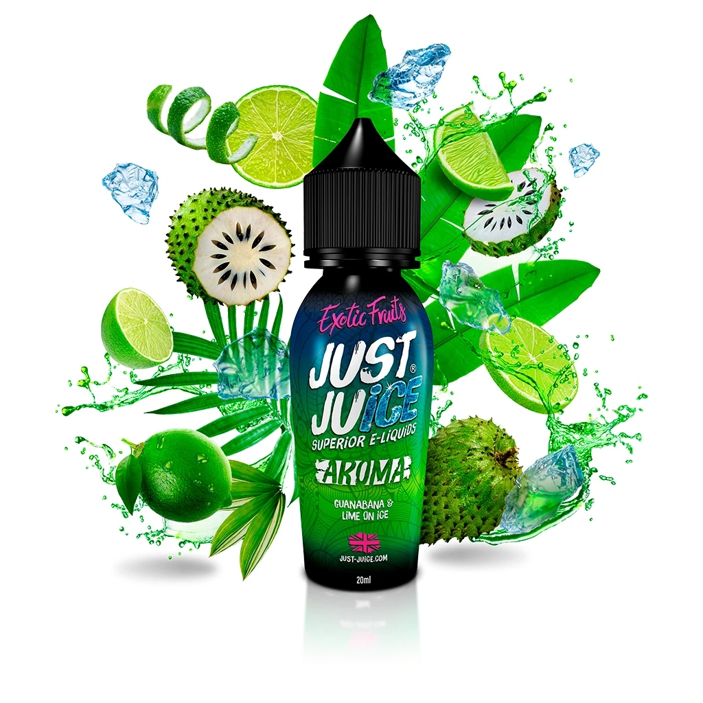 Botella de Just Juice de 20 ml con etiqueta Guanabana & Lime on Ice, rodeada de lima, guanábana, hojas verdes, hielo y salpicaduras.