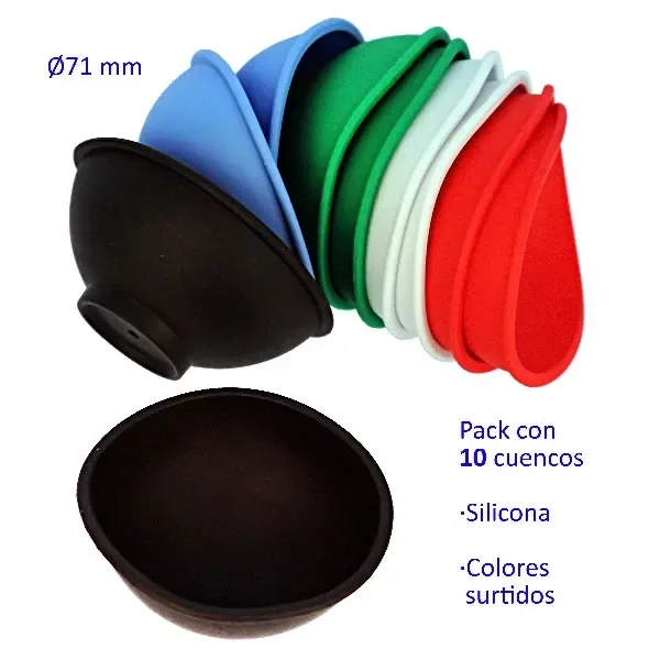 Cuencos de silicona de 71 mm en negro, azul, verde, blanco y rojo, mostrados de perfil y con un cuenco negro abierto en primer plano.