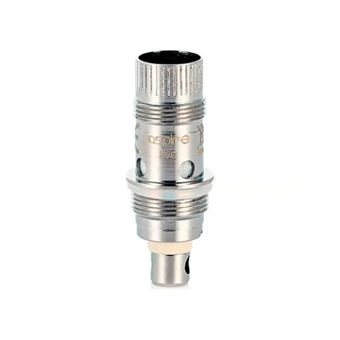 Resistencia Aspire Nautilus plateada en posición vertical, con cuerpo cilíndrico, roscas y orificios laterales sobre fondo blanco.