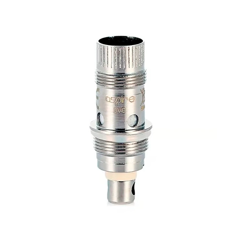 Resistencia Aspire Nautilus plateada en posición vertical, con cuerpo cilíndrico, roscas y orificios laterales sobre fondo blanco.