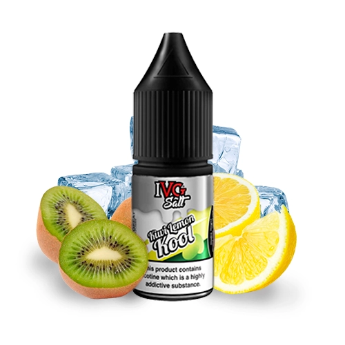 Frasco de IVG Salts Kiwi Lemon Kool con tapón negro, rodeado de rodajas de kiwi y limón y cubitos de hielo sobre fondo blanco.