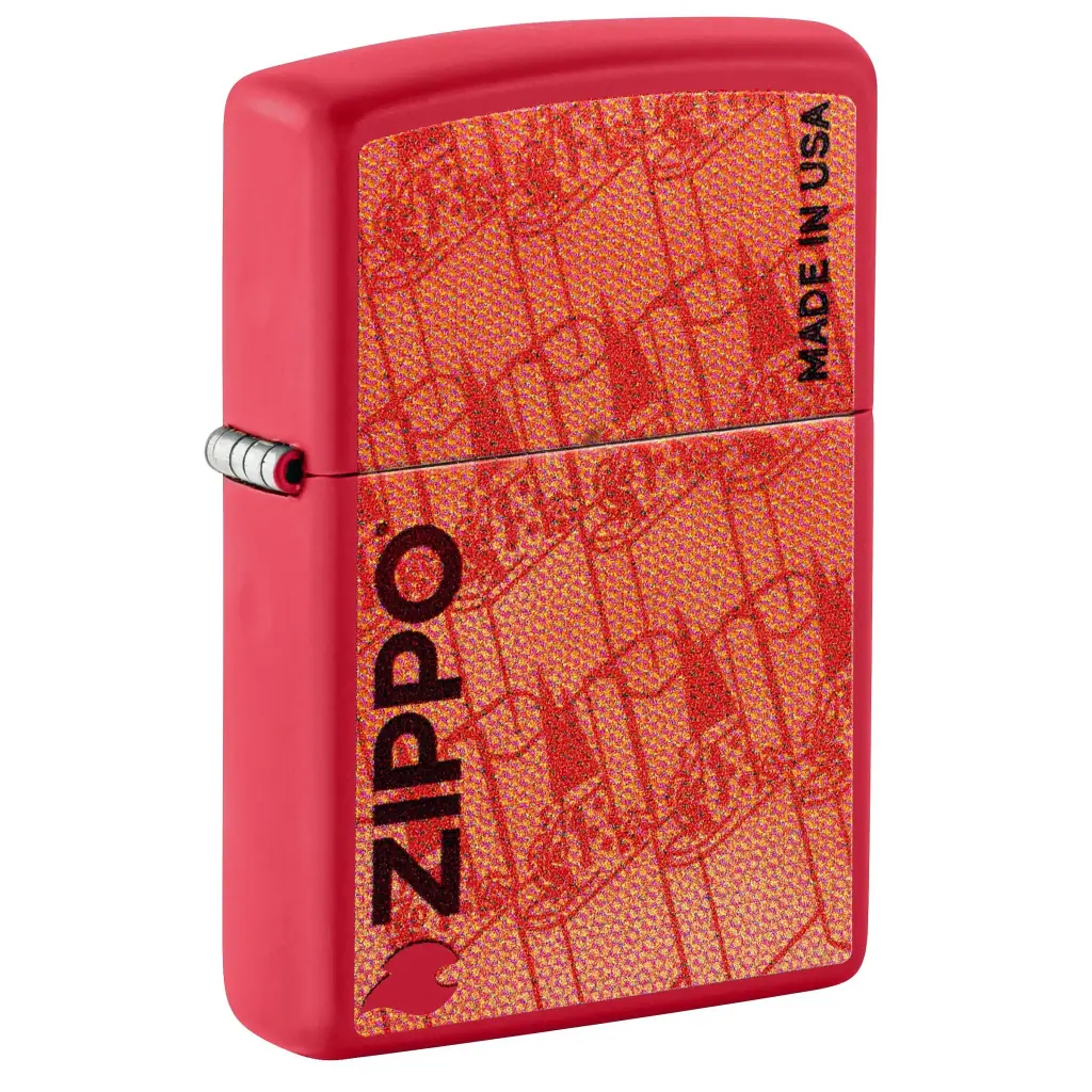 Encendedor Zippo rojo cerrado, visto en perspectiva, con frontal naranja estampado y textos negros «ZIPPO» y «MADE IN USA».