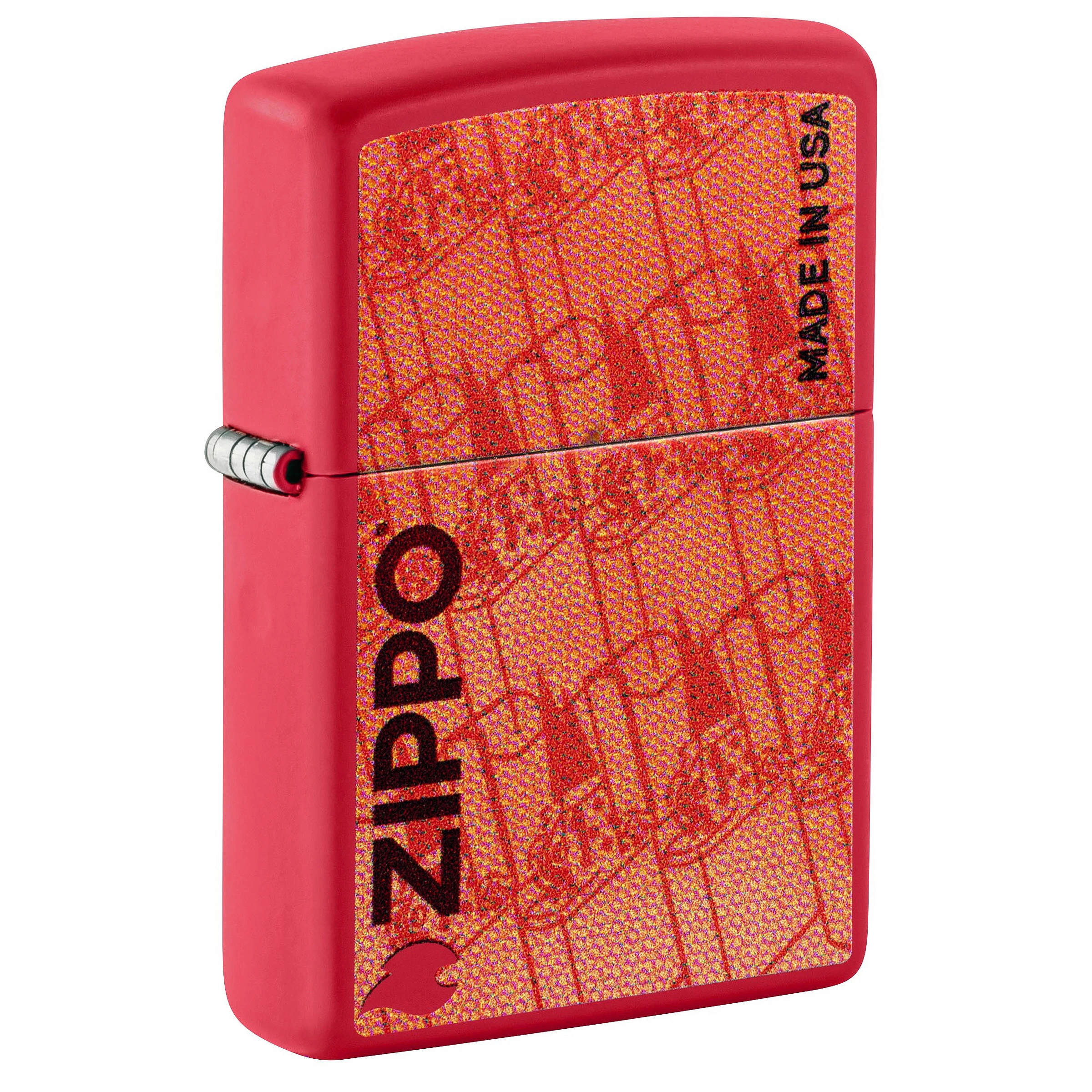 Encendedor Zippo rojo cerrado, visto en perspectiva, con frontal naranja estampado y textos negros «ZIPPO» y «MADE IN USA».