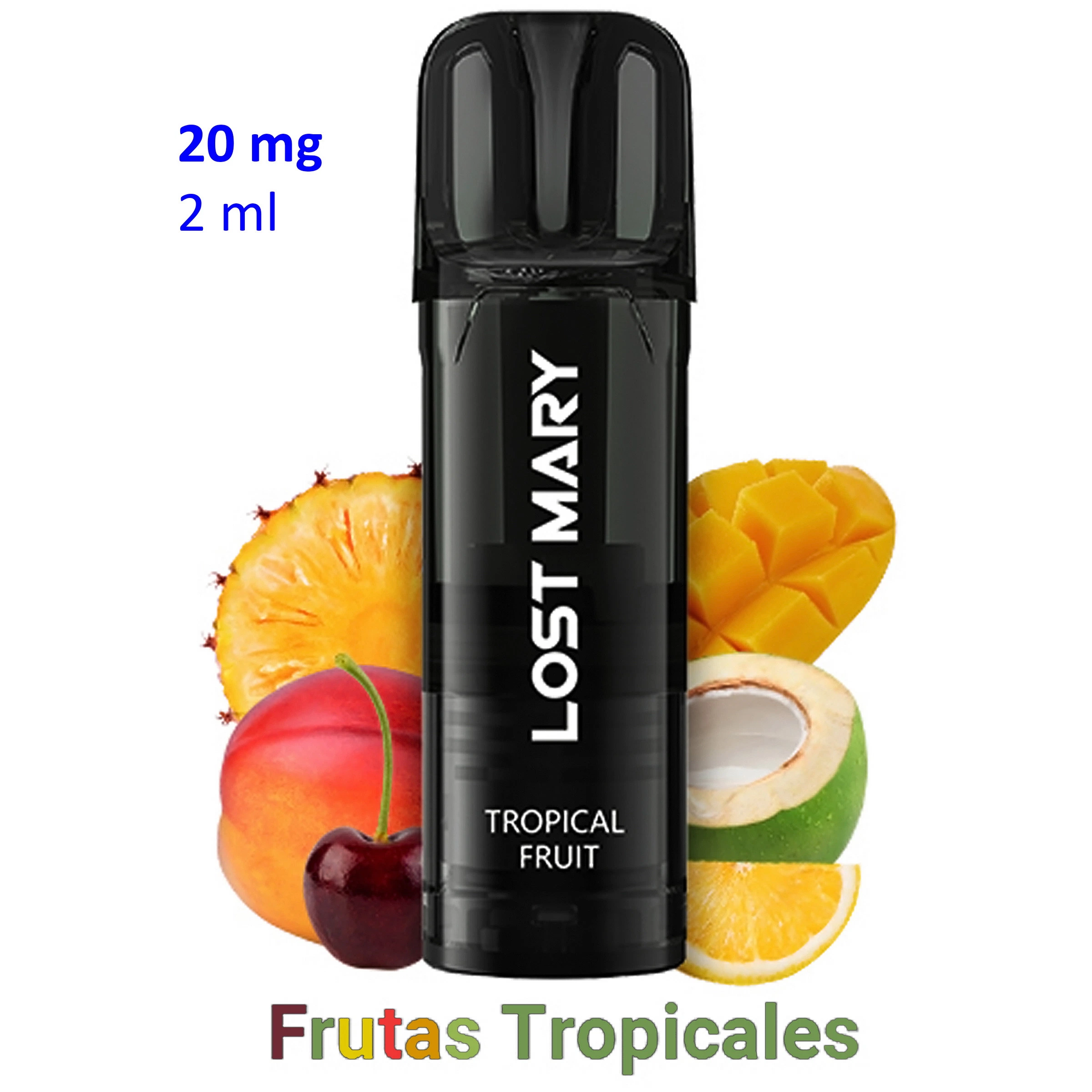 Pod negro Lost Mary Tropical Fruit rodeado de frutas, con boquilla oscura y los textos «20 mg», «2 ml» y «Frutas Tropicales».