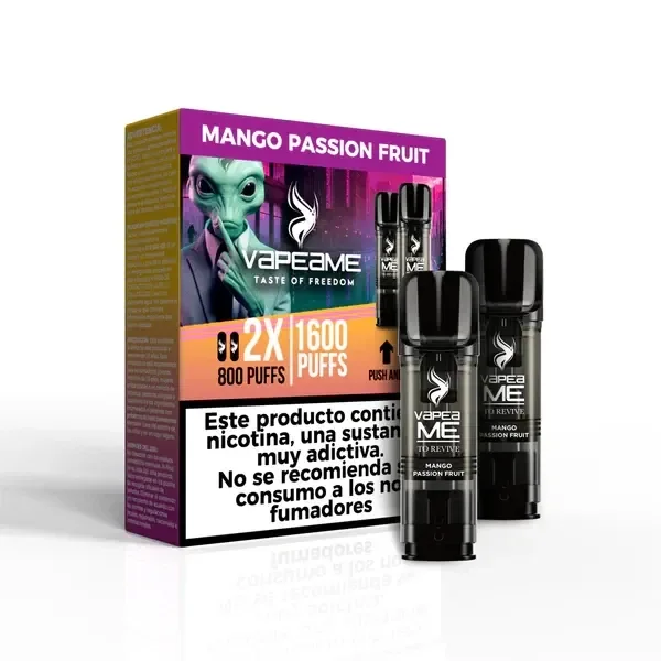 Pods negros To Revive Mango Passion Fruit delante de su caja morada y naranja, con un personaje verde y advertencia sobre nicotina.