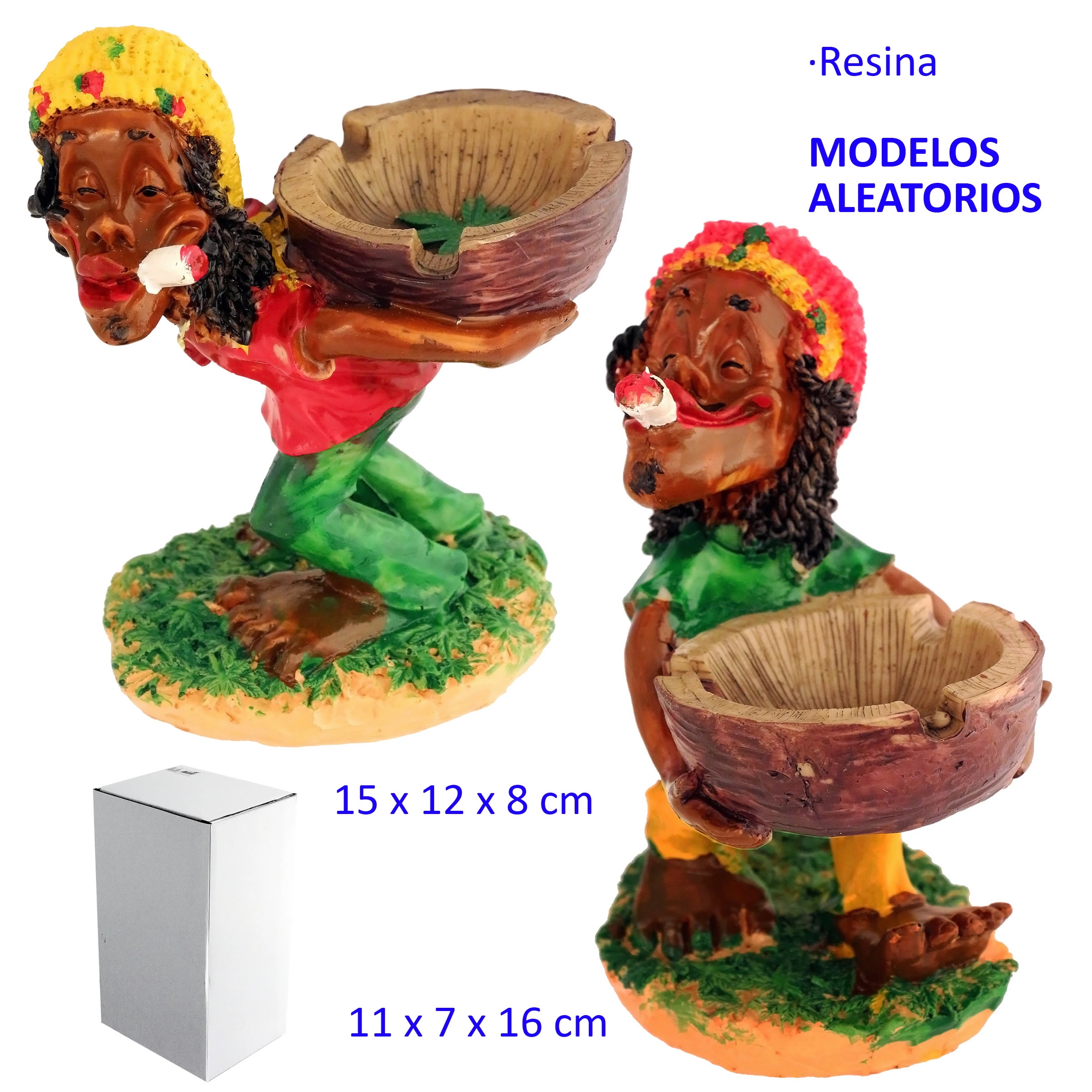 Modelos de cenicero de resina con figuras rasta en distintas posturas, cuencos marrones y ropa de colores vivos.