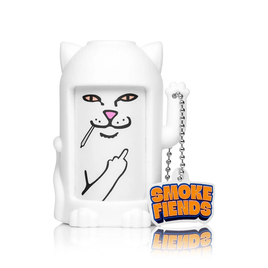Filtro de exhalación blanco Lord Nermal con forma de gato, dibujo de un gesto con el dedo medio y cadena con etiqueta Smoke Fiends.
