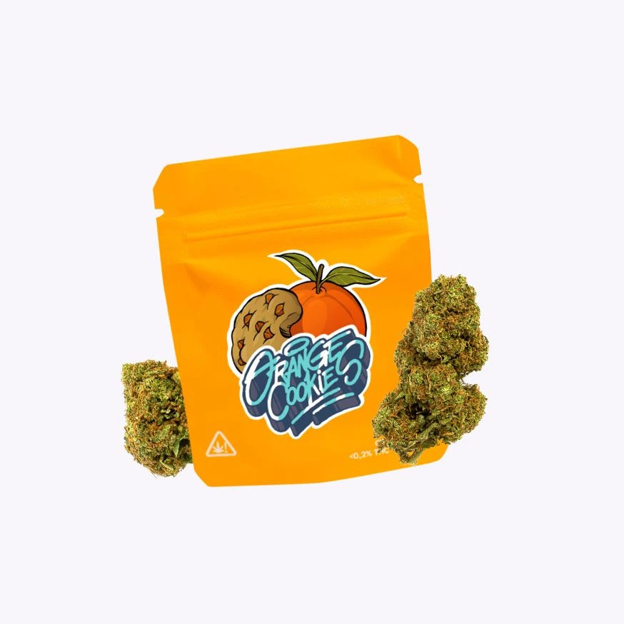 Bolsa naranja de Orange Cookies con dibujos de naranja y galleta, flanqueada por cogollos sobre fondo claro.