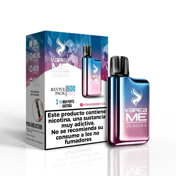 Vapeame To Revive Strawberry Ice con cuerpo degradado azul y rosa y boquilla negra, junto a su caja con advertencia sobre la nicotina.