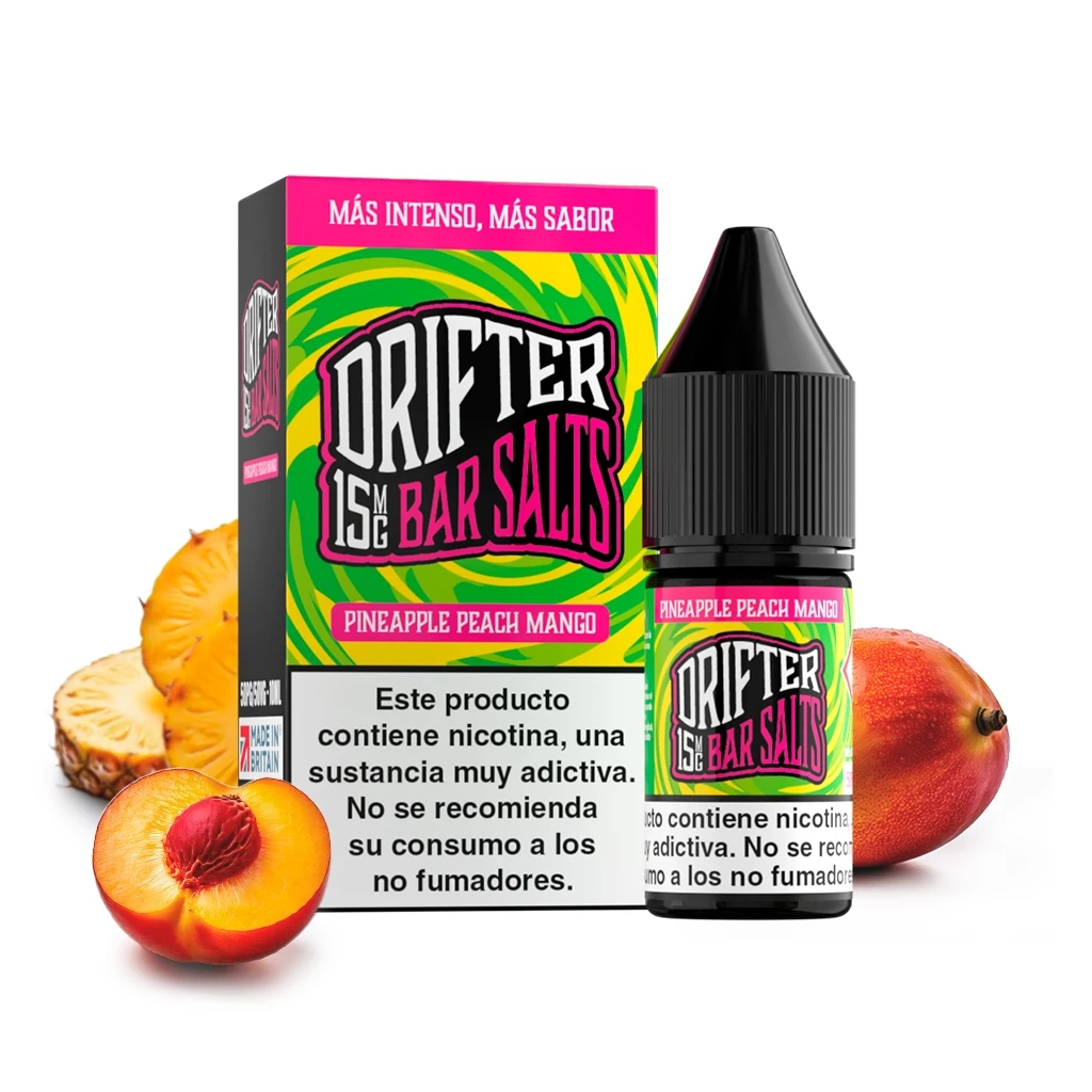 Frasco y caja Drifter Bar Salts Pineapple Peach Mango, con diseño verde, amarillo y rosa, rodeados de piña, melocotón y mango.