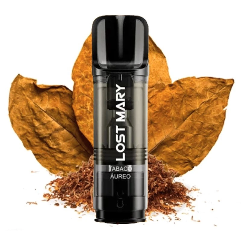 Dispositivo Lost Mary negro con la inscripción «Tabaco Áureo», delante de hojas secas doradas y tabaco picado.