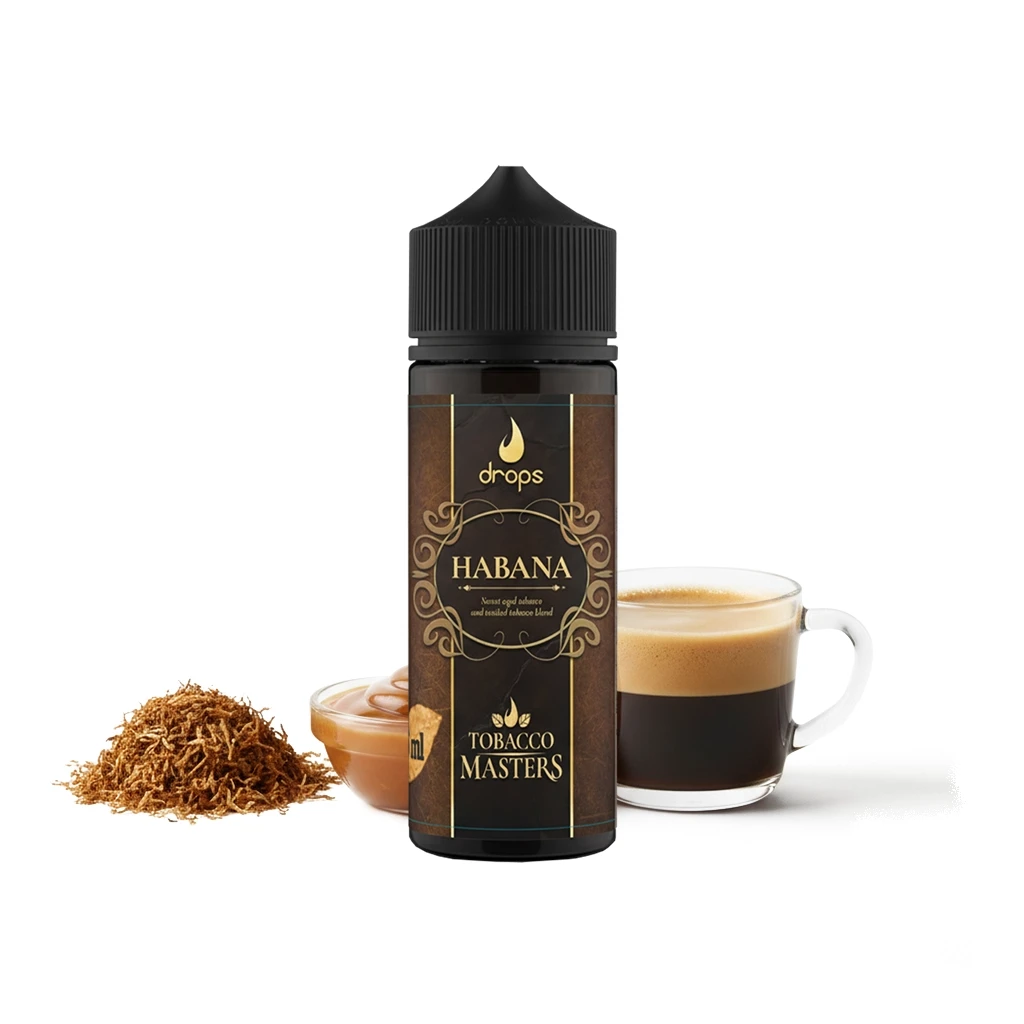 Frasco Drops Tobacco Masters Habana con tapón negro y etiqueta marrón y dorada, junto a tabaco picado, una crema y una taza de café. Frasco Drops Tobacco Masters Habana con tapón negro y etiqueta marrón y dorada, junto a tabaco picado, una crema y una taza de café.