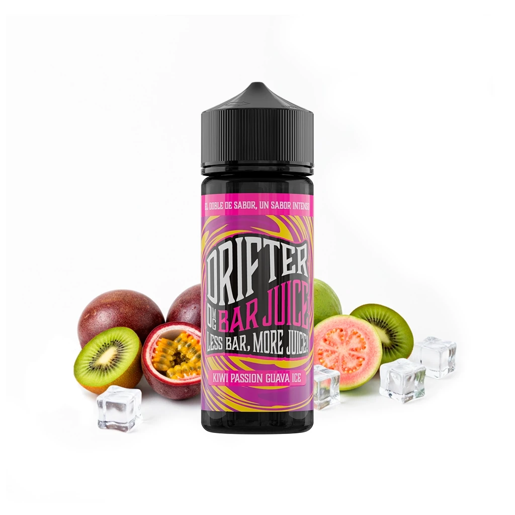 Frasco Drifter Bar Kiwi Passion Guava Ice con etiqueta rosa y tapón negro, rodeado de kiwi, maracuyá, guayaba y cubitos de hielo.