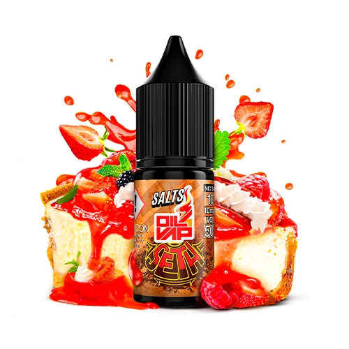 Frasco de Oil4Vap Salts Seth con tapón negro, rodeado de fresas, frambuesas, porciones de tarta y salpicaduras rojas en un montaje.