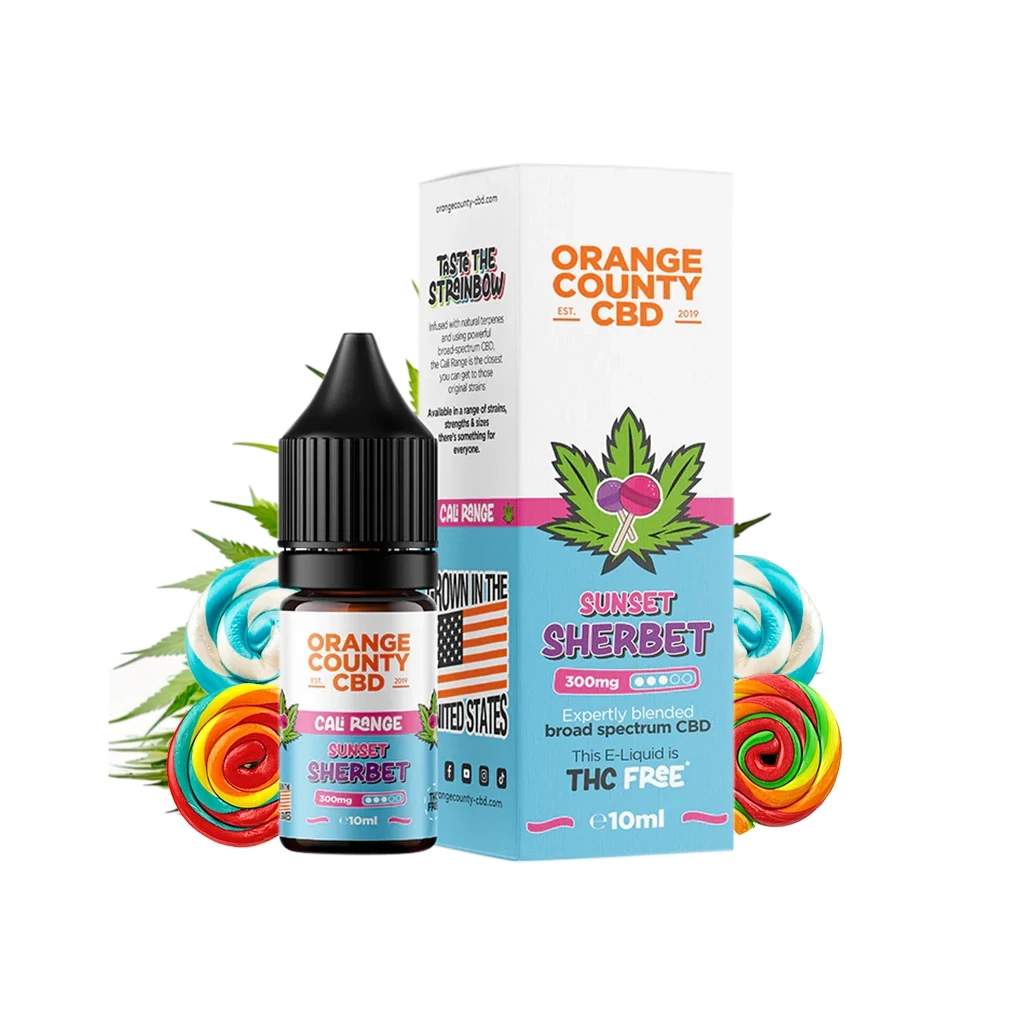 Frasco y caja Orange County CBD Sunset Sherbet de 10 ml, con etiquetas turquesas y rosas, rodeados de piruletas y hojas verdes.