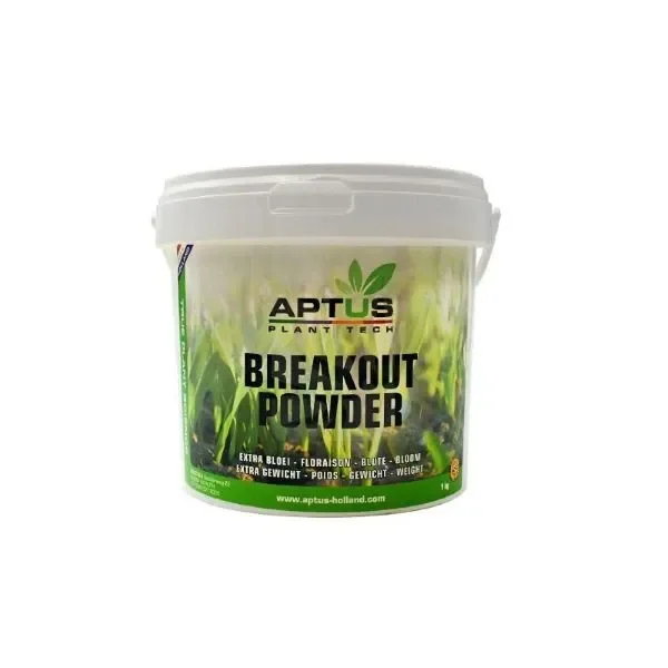 Cubo blanco de Breakout Powder Aptus con tapa y asa, etiqueta verde con motivos vegetales y nombre del producto en letras negras.