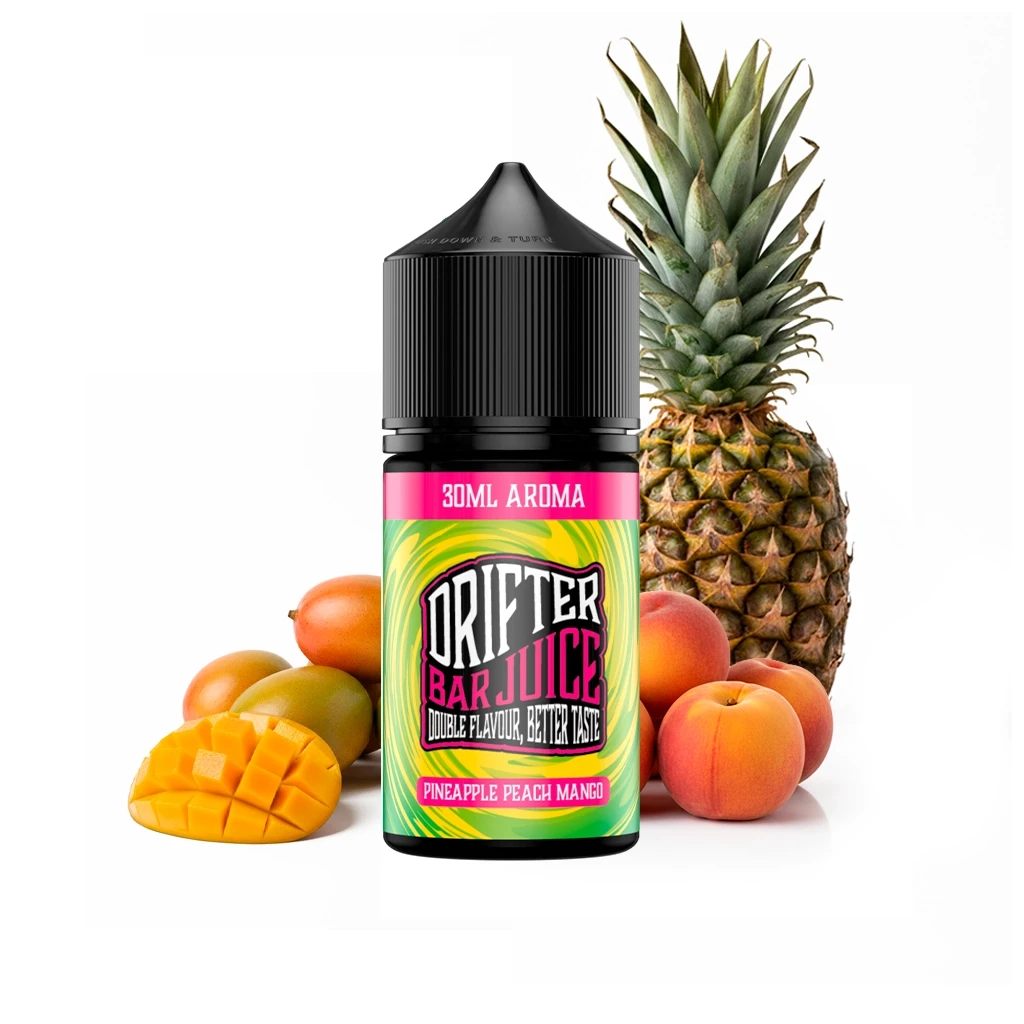 Frasco de aroma Drifter Pineapple Peach Mango con tapón negro y etiqueta verde y rosa, delante de una piña, melocotones y mangos.