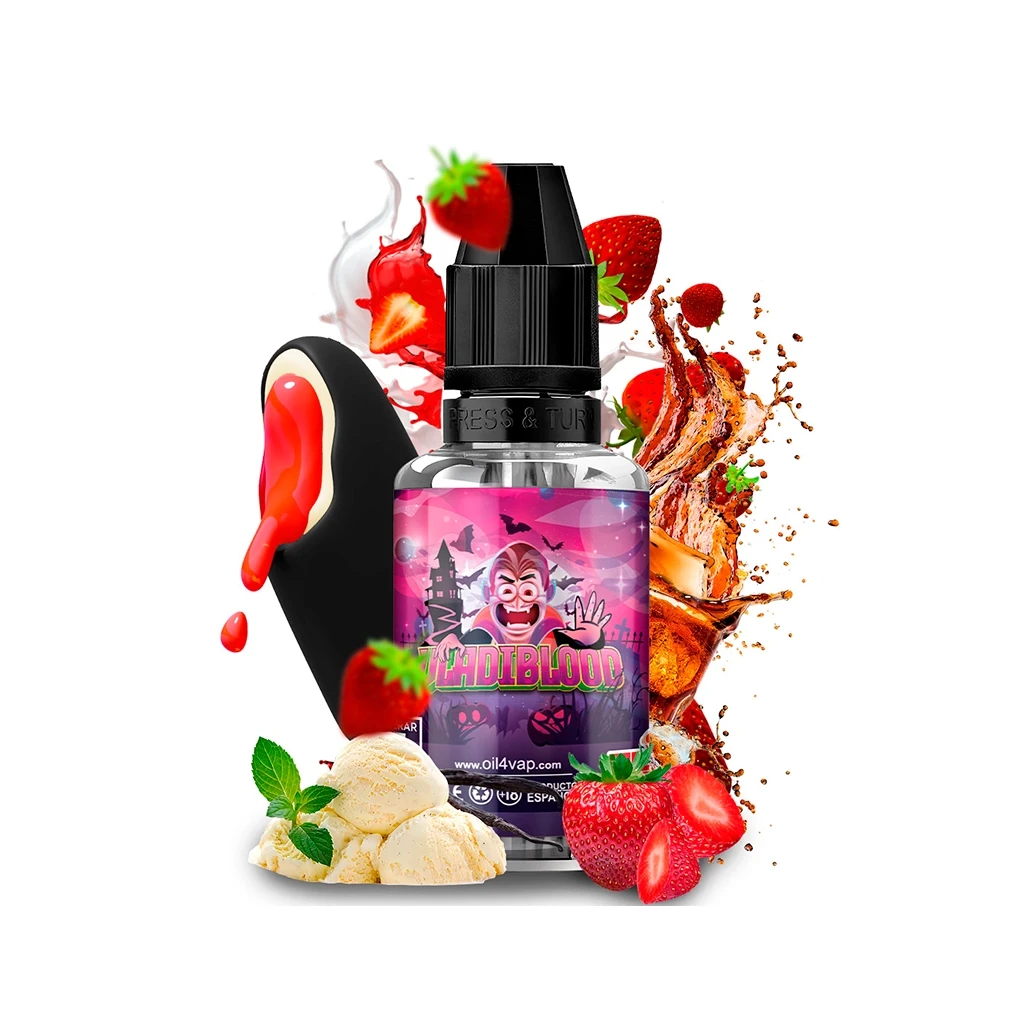 Frasco Oil4vap Vladiblood con tapón negro y etiqueta de vampiro, rodeado de fresas, helado, un polo y salpicaduras de líquido.