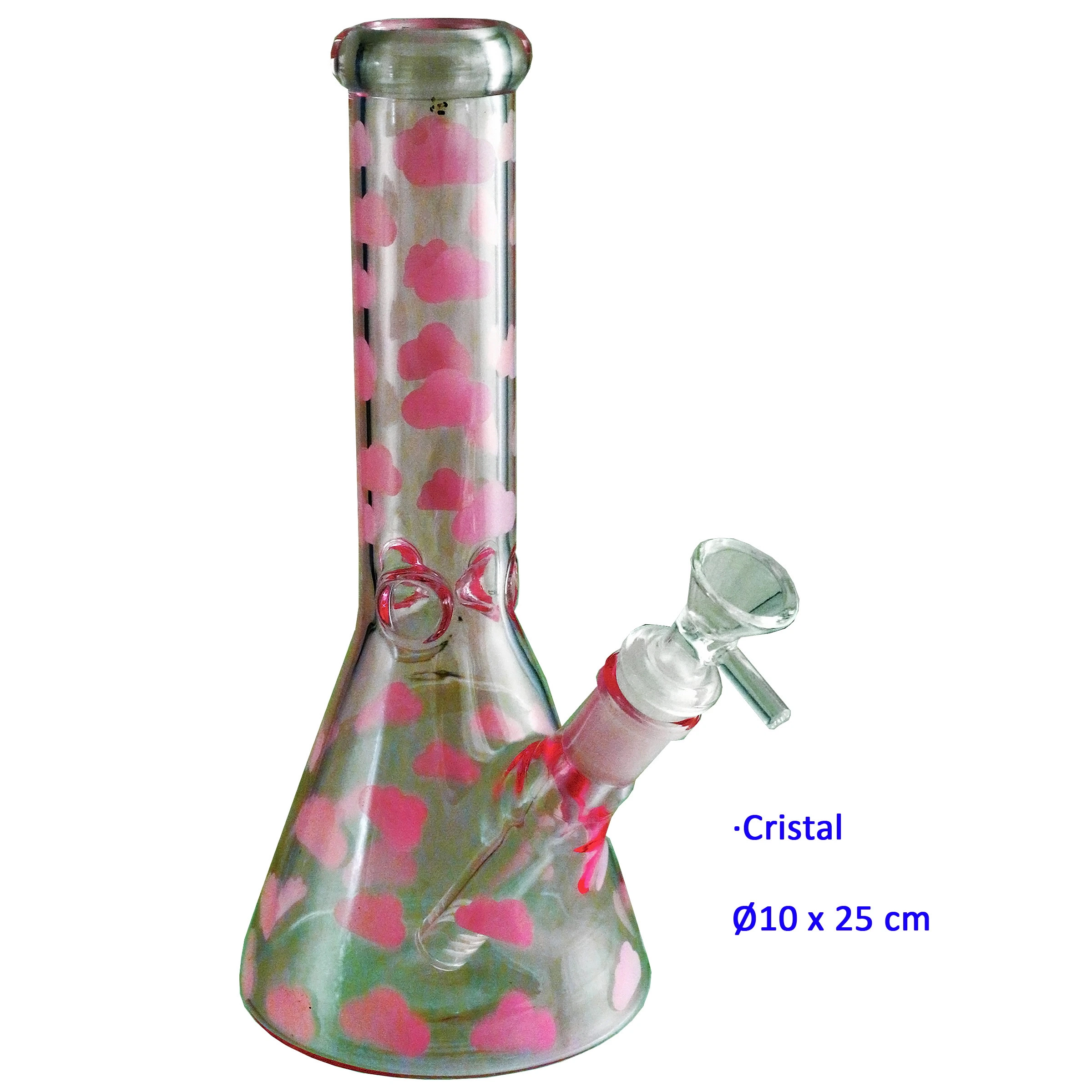 Bong de cristal transparente con base cónica, cuello largo, motivos rosas y cazoleta lateral inclinada sobre fondo blanco.