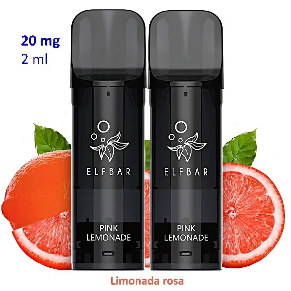 Pods negros Elfbar Pink Lemonade con boquillas oscuras, acompañados de cítricos rosados y los textos «20 mg» y «2 ml».