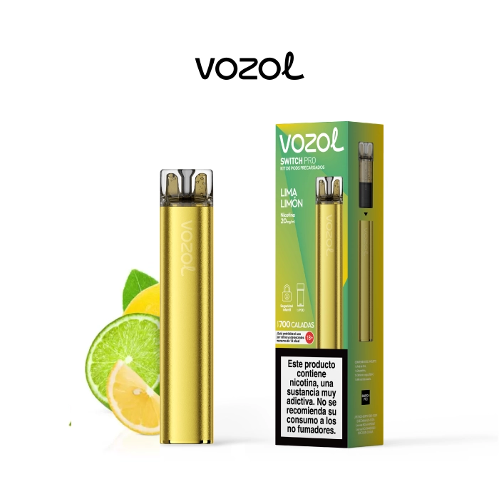 Vozol Switch Pro Starter Kit Lima Limón dorado junto a su caja verde y amarilla, con rodajas de cítricos sobre fondo blanco.