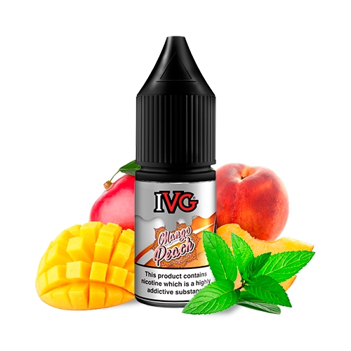 Frasco IVG Salts Mango Peach con tapón negro y advertencia de nicotina, rodeado de mango cortado, melocotón y hojas verdes.