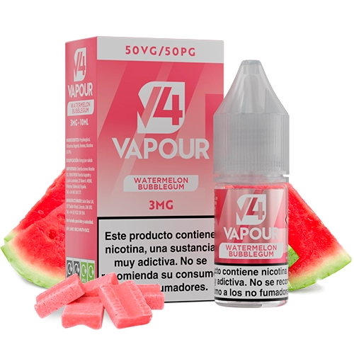 Frasco y caja de e-líquido V4 Vapour Watermelon Bubblegum, con etiquetas rosas de 3 mg, junto a sandía y chicles rosas.