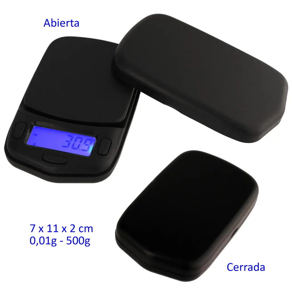 Báscula digital negra mostrada abierta y cerrada, con tapa protectora, pantalla azul y texto de capacidad de 500 g y precisión de 0,01 g. Báscula digital negra mostrada abierta y cerrada, con tapa protectora, pantalla azul y texto de capacidad de 500 g y precisión de 0,01 g.