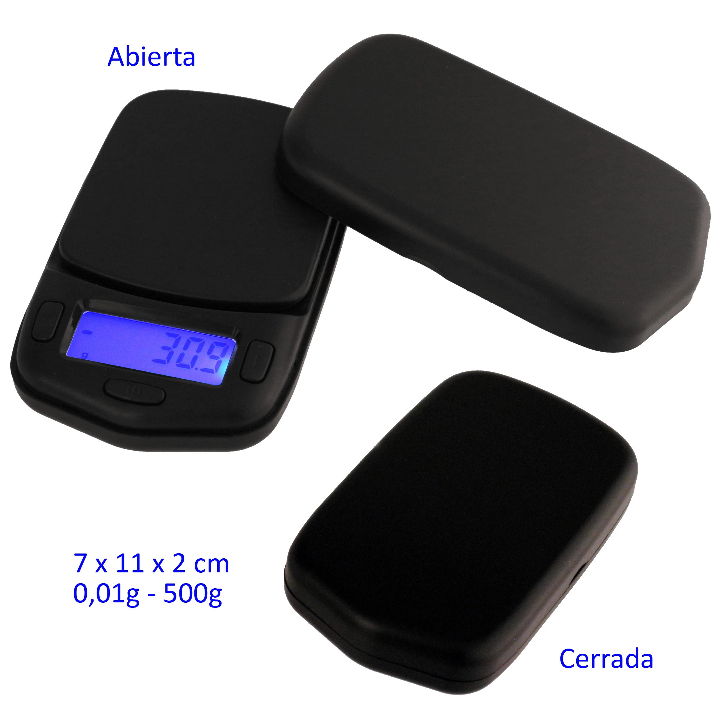 Báscula digital negra mostrada abierta y cerrada, con tapa protectora, pantalla azul y texto de capacidad de 500 g y precisión de 0,01 g.