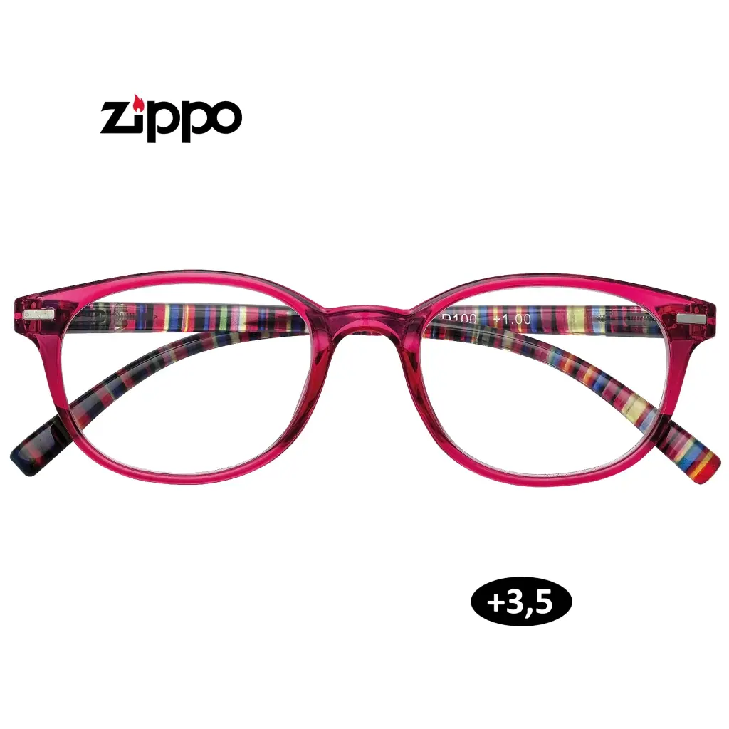 Gafas de lectura Zippo de +3,50, vistas de frente, con montura roja translúcida y patillas de rayas multicolores sobre fondo blanco.