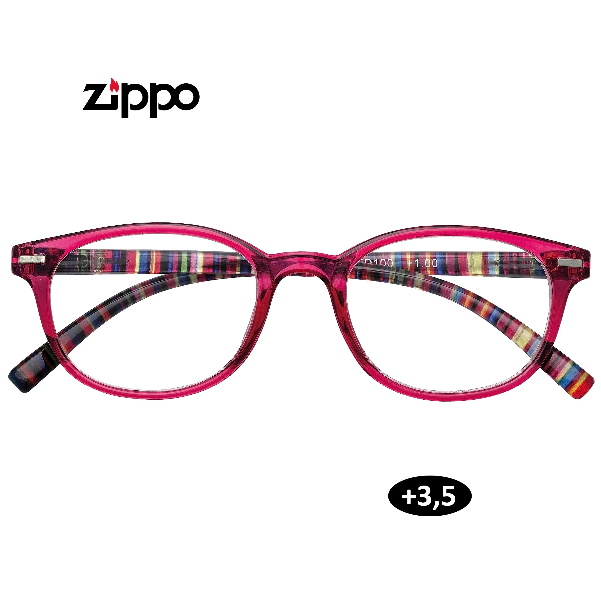 Gafas de lectura Zippo de +3,50, vistas de frente, con montura roja translúcida y patillas de rayas multicolores sobre fondo blanco.