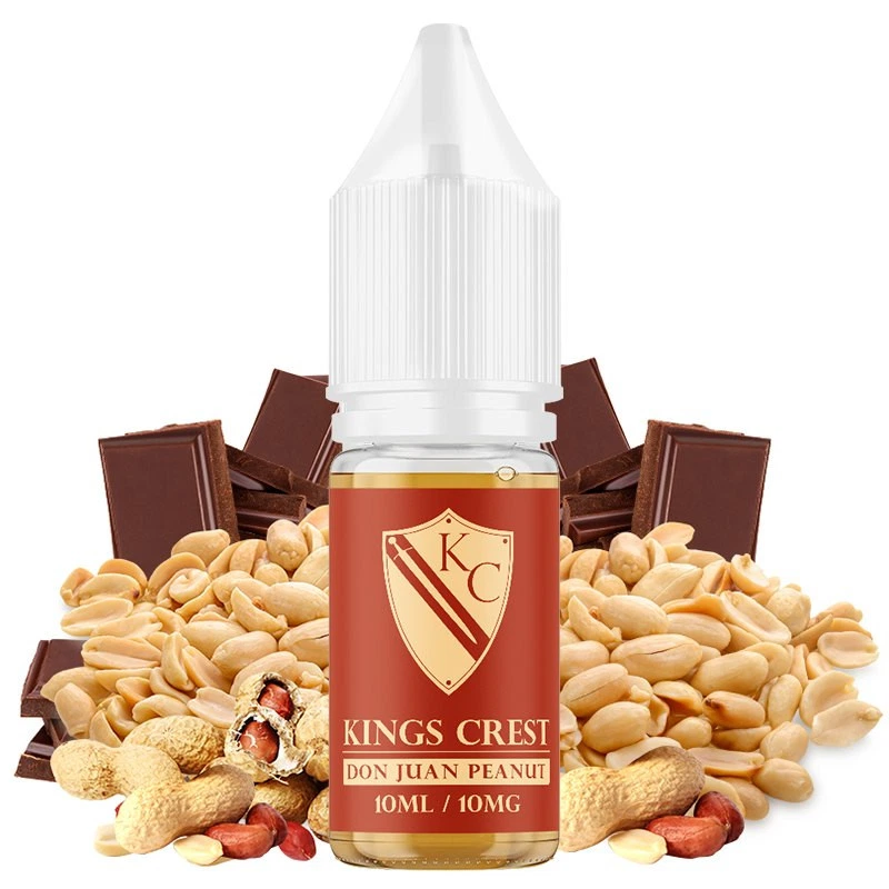 Frasco de Don Juan Peanut de Kings Crest Salts con tapón blanco y etiqueta roja, rodeado de cacahuetes y trozos de chocolate.