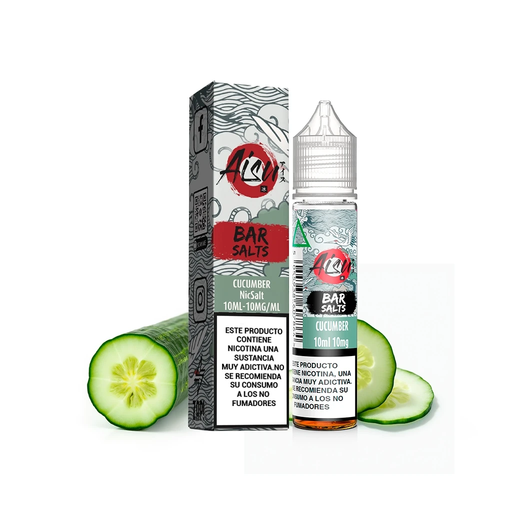 Frasco y caja de Aisu Bar Salts Cucumber, con etiquetas de 10 ml y 10 mg/ml, advertencia de nicotina y pepino cortado alrededor.