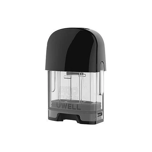 Cartucho Uwell Caliburn G y Koko Prime con depósito transparente, boquilla negra redondeada y marca UWELL en la base.