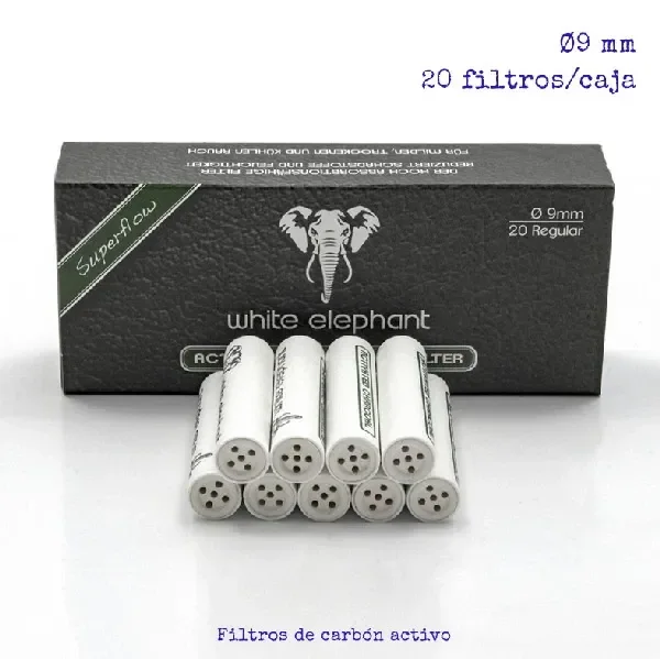 Filtros blancos de carbón activo White Elephant apilados delante de una caja negra con un elefante y la inscripción «20 Regular».